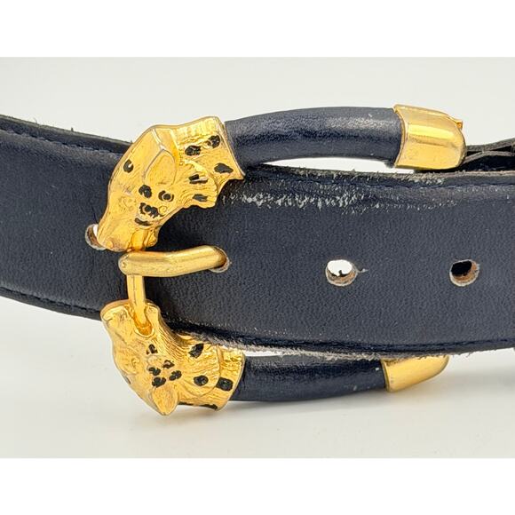 Avignon Genuine Leather Belt Navy Blue with Gold Leopard Buckle France Size M main image 11